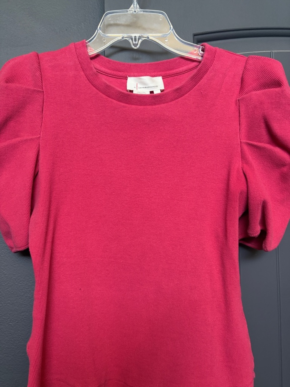 Anthropologie Puff-Sleeve Ribbed Crewneck Top in Deep Pink